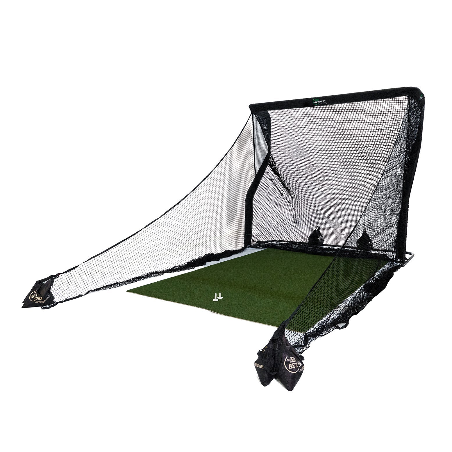 A portable golf practice net with a green hitting mat and two golf tees set up for use indoors or outdoors.