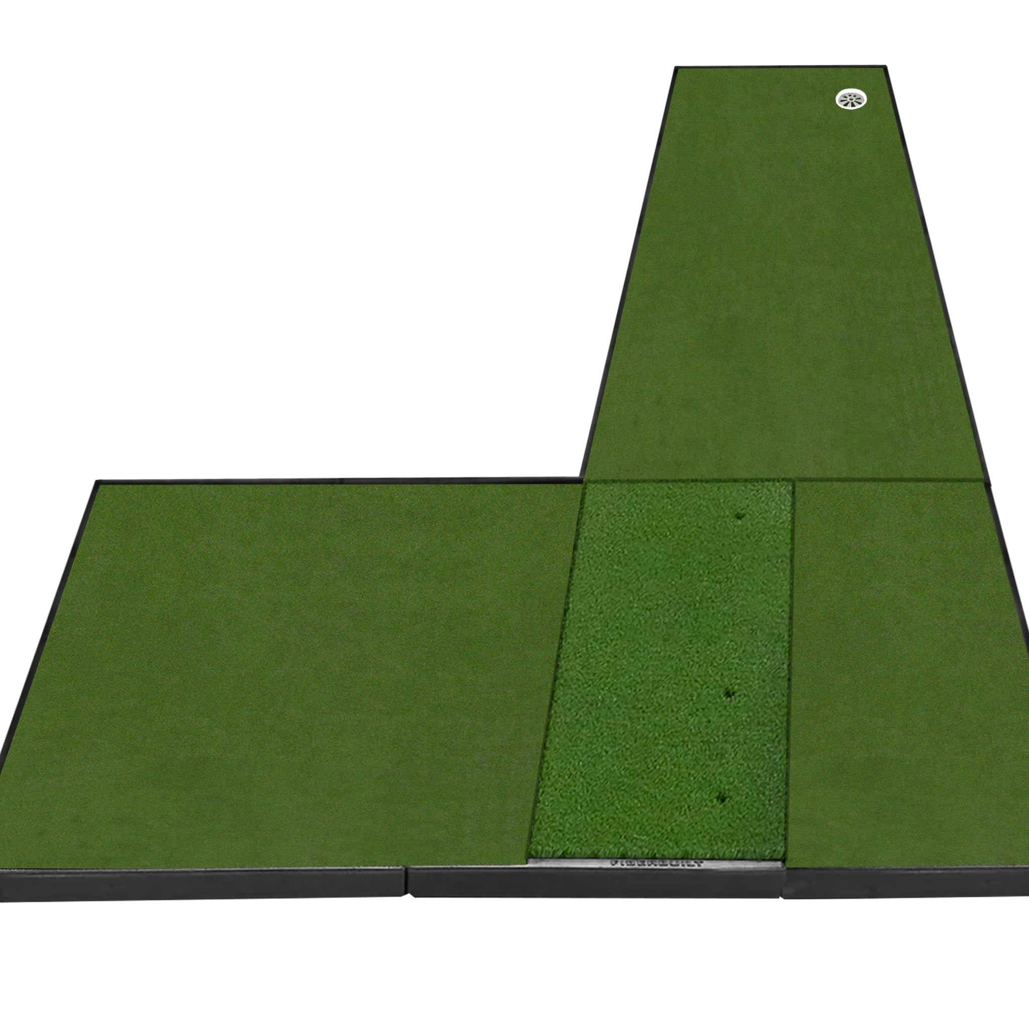 Rectangular green golf mat with multiple turf sections, divided by black borders, designed for practice putting indoors.
